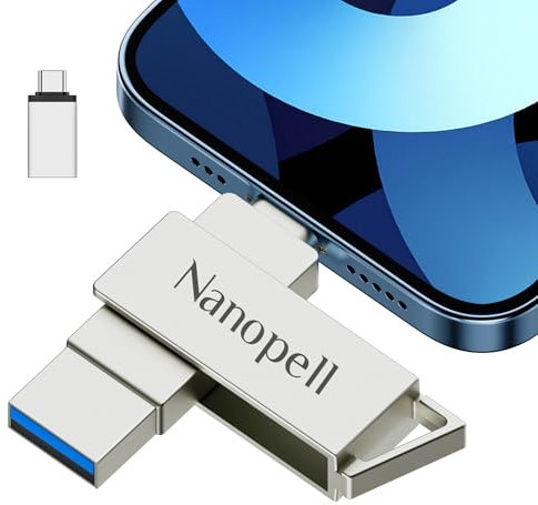 Nanopell Pendrive 128 GB para Almacenar más Fotos y Vídeos, Pendrive para lphone Memoria Externa i0S/Android/PC, 3 in 1 Memoria Externa con Adaptador de Tipo C por Separado.