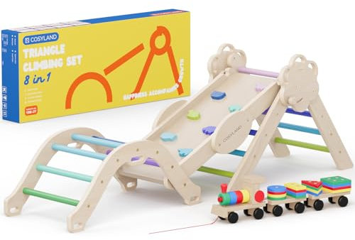 COSYLAND Set Arrampicata per Bambini - Palestra Bambini 8 in 1 con Triangolo di pikler Pieghevole in Legno per 18M-3Y, Giocattolo Trenino e Regalo, Certificato EN-71, Toni Freddi