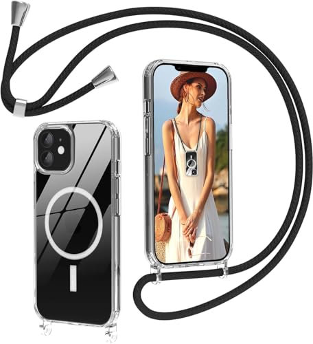 Nupcknn für iPhone 12 Hülle mit Band MagSafe,Magnetische Handykette Transparent Handyhülle (Abnehmbar) Necklace mit Kordel zum Umhängen Kameraschutz Handy Kette Stossfest Schutzhülle
