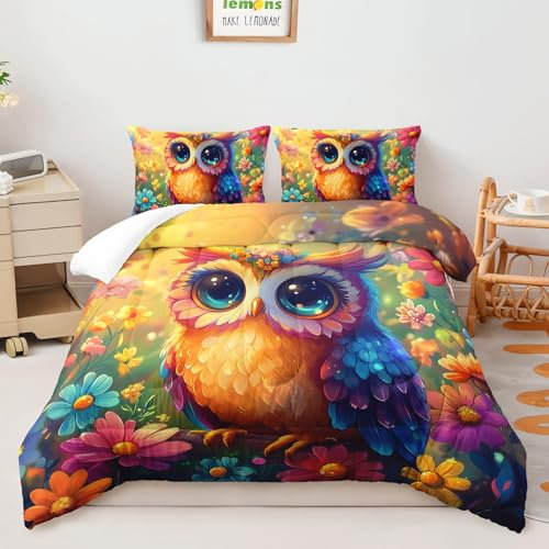 AILONEN Bettwäsche-Set mit niedlichem Cartoon-Eulenmotiv, Queen-Size-Größe, bunte Blumen, Bettwäsche-Set für Kinder, Mädchen, Vogel-Tier-Design, 3-teilig, für Schlafzimmer-Dekor, 1 Steppdecke und 2
