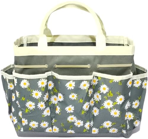 Garden Tool Organizer, Garden Tool Bag Large Capacity 12x5.5x10 Oxford Cloth Tote Bag with Multiple Side Pocket Daisy Pattern Portable Organizer for Women, Grey, Gardening