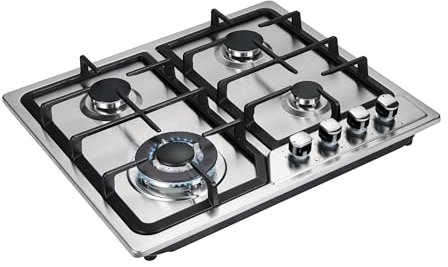 Blue Flame HBS4501-60cm Built-in Gas Hob - 4 Burners with Wok Burner - Stainless Steel Body - Cast lron Pan Supports