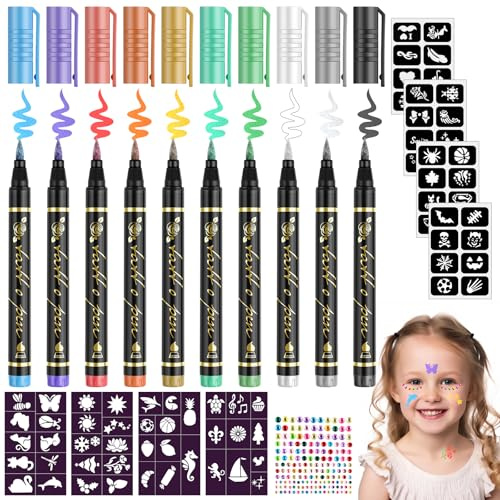 Glitzer Tattoo Set Kinder Tattoo Stifte Kinder Hautfreundlich 10 Farben | Hautstifte mit Schablonen & Aufkleber Geschenk für Mädchen 3-8 Jahre für Geburtstag Kindertag geschenk Halloween Party