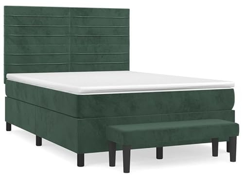 Eleganz Boxspringbett mit Matratze 140x200 cm - Dunkelgrünes Samtstoff Boxspringbett für Schlafzimmer, Komfortables Bett mit Stabiler Federung, Luxus Design für Erholsamen Schlaf
