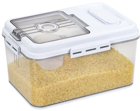 Livhome 5kg Airtight Rice Storage Container with Measuring Cup and Expiry Dial, BPA-Free Clear Stackable Flour Canister, Food Dispenser, Pantry and Kitchen Organization Storage Solution