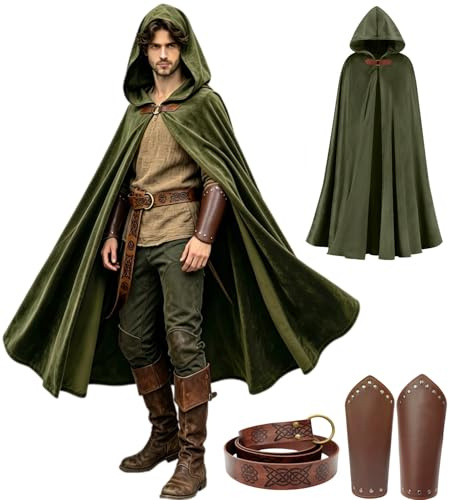 Cape Médiévale à Capuche avec Ceinture, Pochette et Accessoire de Tête Déguisement Viking, Sorcièreou Vampire pour Halloween, Carnaval, Festival et Soirée Ren Faire Taille (Green-Set, 130cm-lang)