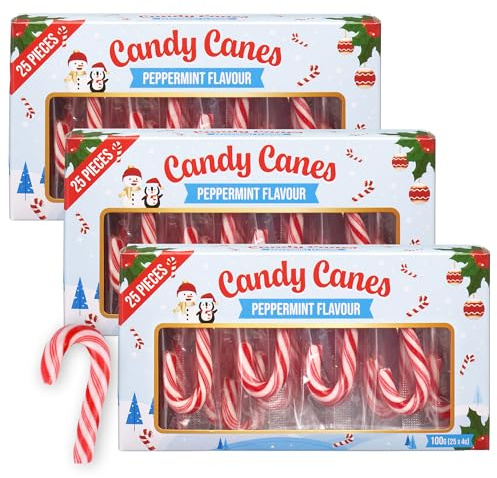 Mini Zuckerstangen 3er Pack – 25 Stück á 4g pro Packung – Peppermint Candy Canes – Weihnachtsdeko, Adventskalender, Nikolaus, Party Süßigkeiten & Mitgebsel – kleine Zuckerstangen mit Minzgeschmack