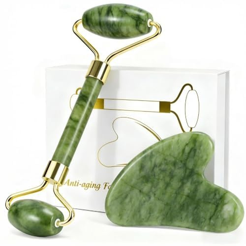 MASSOVIBE Jade Roller & Gua Sha Set - Natural Jade Face Roller Massage Skincare Tools for Women,Muscle Relief, Improve Eye Puffiness Skin Glow (Green)