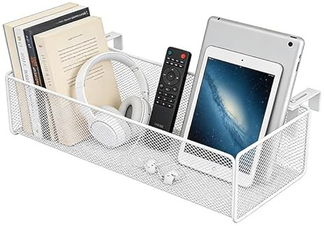 BUERPINKING Bett Organizer zum Einhängen, Hängender Nachttisch-Organizer, Metall Multifunktionaler Aufbewahrungskorb mit Haken für Bücher, Handy für Etagenbetten, Schlafsaal, Wohnheim, Zuhause (Weiß)