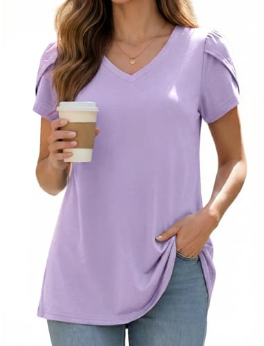 Enmain Tunika Damen Kurzarm Sommer V Ausschnitt Bluse Große Größen Lockere Passform T-Shirt Festliche Oberteile Elegante Lässiges Swing