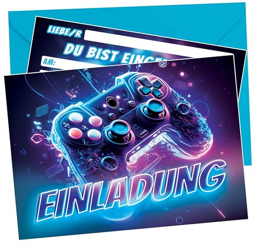 J&M DECO Einladungskarten Kindergeburtstag Gamer Motiv – 12 Stück A6 mit Umschlägen zum Ausfüllen | Geburtstagskarten Jungen & Mädchen | Gaming Geburtstag Einladungen | Premium Qualität
