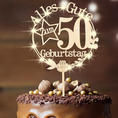 ENLACE Holz Tortendeko 50 Geburtstag Mann Frau,LED Kuchen Deko 50 Geburtstag Frau,Happy 50th Birthday Cake Topper Geburtstagsdeko 50 Jahre Mann,Geschenk 50 Geburtstagdeko,50 Tortenstecker 1976 Jahre