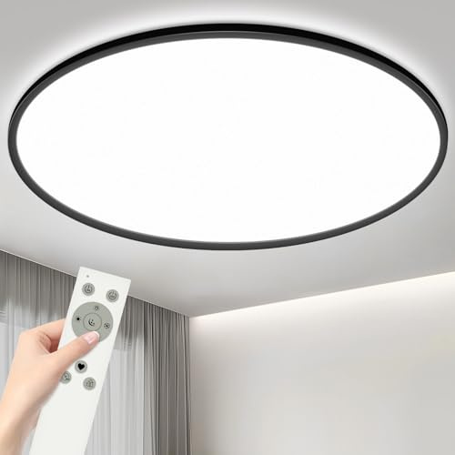 YIFMOO 50W LED Deckenleuchte Dimmbar, Ø60CM Deckenlampe mit Fernbedienung | 3000-6500K Modern Ultra Dünn, Rund Deckenleuchten Flach für Wohnzimmer Schlafzimmer Kinderzimmer Büro Küche, Schwarz