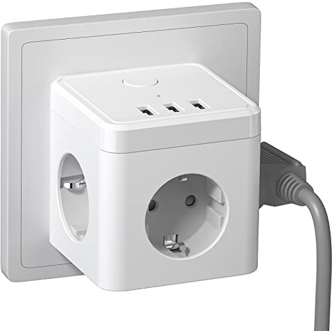 USB Steckdose, Steckdosenadapter 6 in 1 Doppelstecker für Steckdose mit 3 USB - Weiß