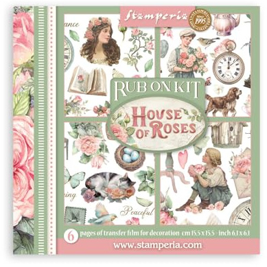Stamperia - Rub-on Kit for Scrapbooks, Albums, Cards, Bullet Journals and More, Easily Transfer Images onto Paper and Other Surfaces, Perfect for Crafts and Gifting (6 Pages) (House of Roses)