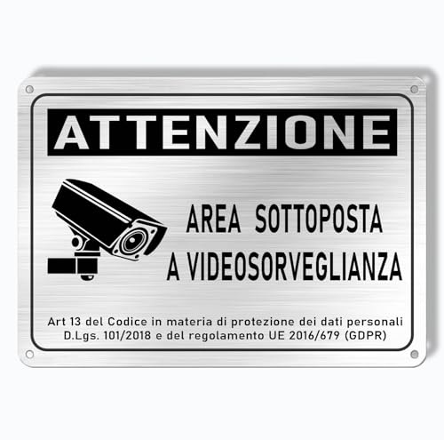Longivia Cartello Area Videosorvegliata in Alluminio Spazzolato 22cm x 15cm | Spessore 1mm con Adesivo e 4 Fori| Elegante per esterno ed interno | Conforme GDPR per Telecamere di Videosorveglianza