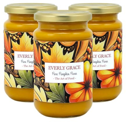 Everly Grace Pure Pumpkin Puree Bio Kürbispüree, 3er Set | Vorteilspack mit drei Gläsern reinem Bio-Hokkaido-Kürbispüree. Ideal für Pumpkin Pie, Suppen und herbstliches Backen