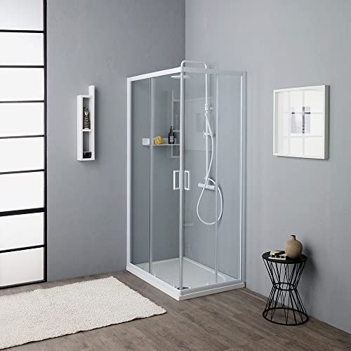 Kiamami Valentina - Box Doccia Angolare Reversibile | Telaio Bianco in Alluminio | Porte in Vetro Temperato 4mm | Apertura Centrale e Chiusura Magnetica, Vetro Trasparente, 70x90CM, Vetro