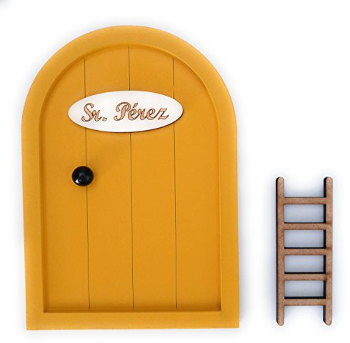 Ratoncito Pérez Puerta Mágica de Madera con Escalera y Felpudo | Incluye Adhesivo | Fácil de Colocar, Decorativa para Niños | Accesorios Habitaciones Infantiles | Mostaza