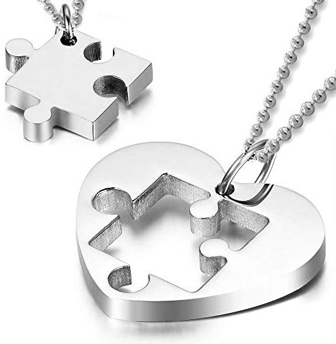 OUTLETISSIMO® PAAR ANHÄNGER KETTE HERZ UND PUZZLE IN HERREN DAMEN STAHL ET32, Edelstahl, Kein Edelstein
