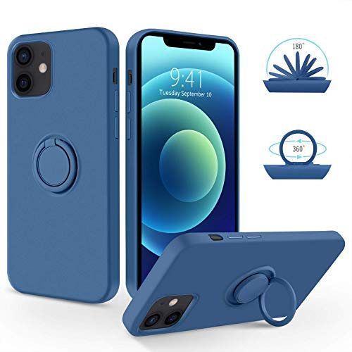 SouliGo iPhone 12 Case, iPhone 12 Pro Case Silicone Gel 360° Ring Holder Kickstand for Magnetic Car Mount Slim Soft Rubber Anti-Scratch Shockproof Cover for iPhone 12/12 Pro 6.1 - Navy Blue