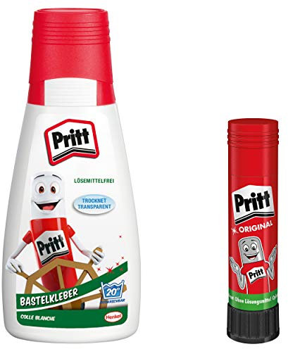 Pritt Colle de bricolage, colle universelle à séchage transparent pour la maison, l'école ou le bureau, colle de bricolage blanche pour enfants, 1 flacon de 100 g et 1 Bâton de colle Pritt de 11 g