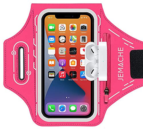 JEMACHE Running Sportarmband für iPhone 16 15 14 13 12 11 Pro, Samsung Galaxy S25 S24 S23 S22, Gym Sport Armband mit Airpods Pro Halterung (Rosig)