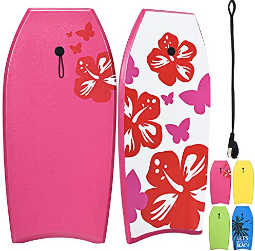 RELAX4LIFE Schwimmbrett tragbar, Schwimmboard mit Halteleine, Rutschfestes Surfbrett für Kinder & Erwachsene, Surfboard bis 85 kg belastbar, Bodyboard Shortboard, 104 x 52 x 6cm, XPE HDPE (Rosa)