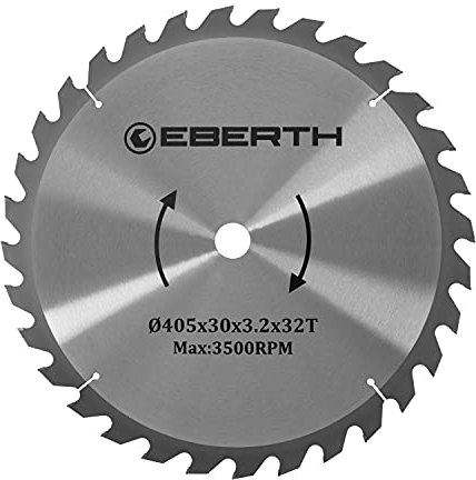 EBERTH Kreissägeblatt Sägeblatt Kreissäge Blatt aus Stahl mit Hartmetall-Zähnen für Holz-Schnitte (405mm Durchmesser, 30mm Bohrung, 2.2mm Blättstärke, 3.2mm Schnittbreite, 32 Zähne, RPM Max. 5000)