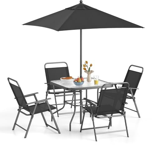 COSTWAY 5/6 Piece Folding Patio Bistro Set, Outdoor Dining Furniture with 4 Chairs, 1 Table and Umbrella Hole, Conversation Set for Garden Balcony Deck Poolside (Glass Table with Parasol)