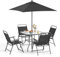 COSTWAY 5/6 Piece Folding Patio Bistro Set, Outdoor Dining Furniture with 4 Chairs, 1 Table and Umbrella Hole, Conversation Set for Garden Balcony Deck Poolside (Glass Table with Parasol)