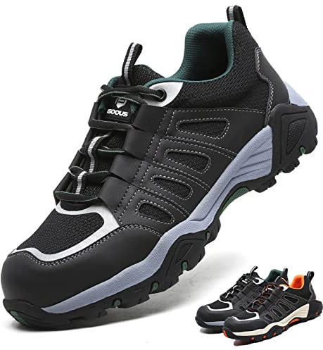 ISOOUS Zapatos de Seguridad Hombre Mujer Calzado de Trabajo Comodo Ligeros con Punta de Acero Transpirable Anti-pinchazos Negro Verde 40