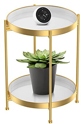 Beistelltische, Side Table, Kleiner Beistelltisch Rund Metall, 40 x 40 cm Small Coffee Table, Couchtisch fürs Wohnzimmer Sofa Living Room Balkon Outdoor Gold weiß