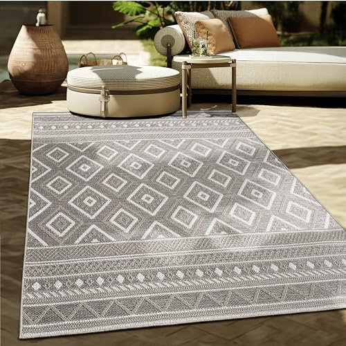 Paco Home Outdoor Teppich Flachgewebe Modern Boho-Style wetterfest & UV-beständig Ideal für Terrasse Balkon Wohnzimmer & Küche, Grösse:80x150 cm, Farbe:Sand