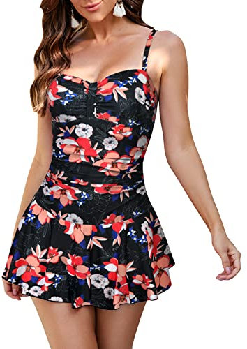 WIN.MAX Women's Swimsuits Plus Size Tummy Control Skirt Swimwear, Shaping Body One Piece Swimdress(Pear Flower,UK16)