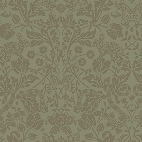 Glistening Mirrored Floral Wallpaper - Modern Metallic Wallpaper for Living Room, Bedroom, Fireplace - Decorative Luxury Floral Wall Paper with Rabbits, Butterflies, Snakes & Birds (Green/Gold)
