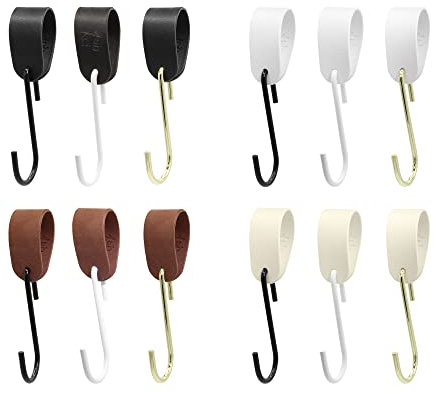 Garderobenhaken GARD Schlaufe mit S-Kleiderhaken | Lederschlaufe veganes PU-Leder | Dekoratives Lederband für Garderobenstangen, Kleiderständer, Lederriemen (beiges Band / schwarzer Haken, 9er Set)