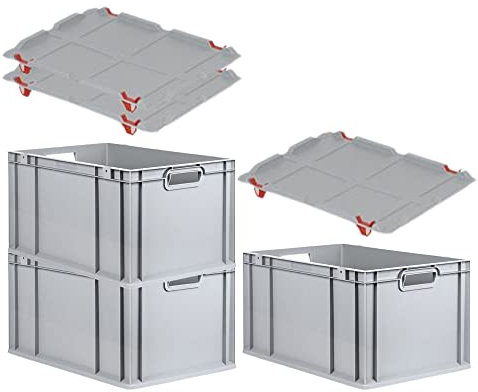 PROREGAL SuperSparSet 3x Eurobox NextGen Grip mit Auflagedeckel & 4 roten Schiebeschnappverschlüssen, HxBxT 32x40x60cm, 65 L, Grau, Griffe offen, Eurobehälter, Transportbox