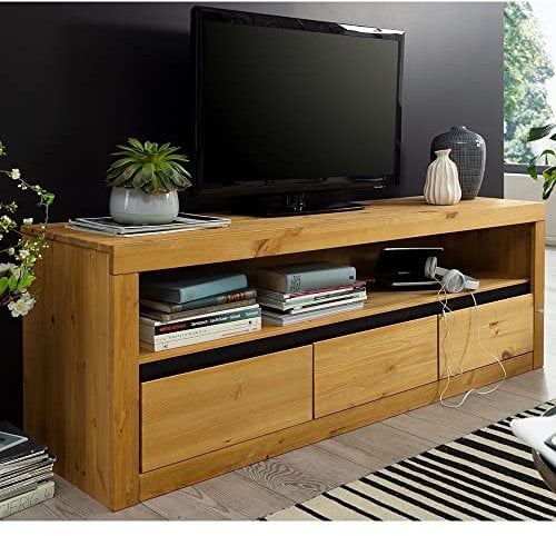 TV Lowboard TV Schrank Fernsehtisch Fernsehschrank Massivholz Kiefer massiv eichefarbig 3 Schubkästen 1 offenes Fach 160 x 55 x 42 cm