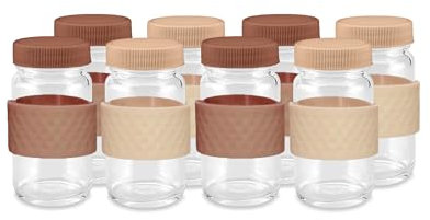 Juice Shot Containers, Glass, Clear, 2oz, Colored Lids & Silicone Grip Bands, Beverage Storage, Juicing, Ginger & Turmeric Bottles