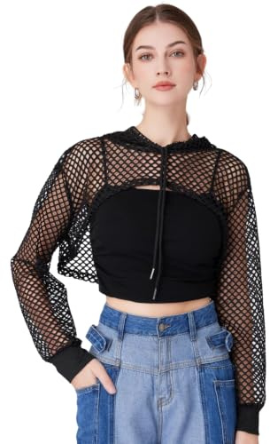 Dame Femme Crop Top Sexy Mesh Résille Voir à Travers Transparent Haut T-Shirt avec Bandage Extensible Tee Shirt Perspectif Manches Longues Slim Fit noir Dentelle Perspectif Clubwear