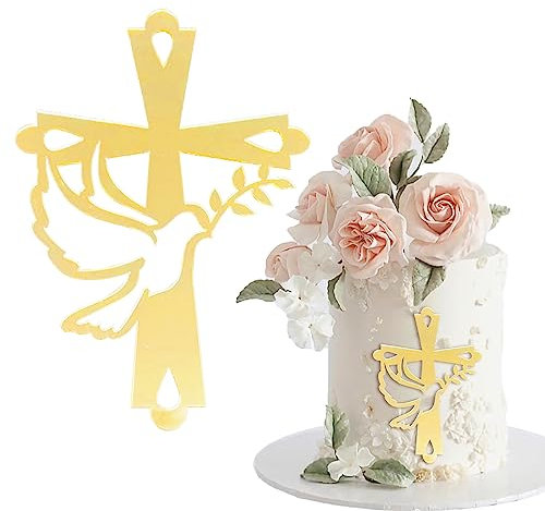 WOOXDYUK 1 Stück Kuchendeko Kreuz Cake Topper Taube Gold Acryl Torte Deko, Schillernder Spiegeleffekt für Hochzeit, Geburtstag, Weihnachten, Party & mehr, Taube und Kreuz