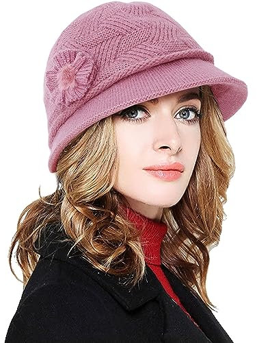 CheChury Strickmütze Damen Wollmütze Grobstrick Wintermützen Warme Frauen Beaniemütze Retro Fedorahüte Frauen Glockehut Kaschmir Mütze Damen Bowler Hut Winter Strickmütze mit Schirm Melone Hut,Rosa