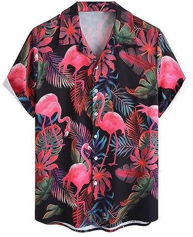Gwnnb Chemises de bowling pour homme imprimées à manches courtes coupe droite hawaïenne décontractée chemise de plage boutonnée, Flamant rose 4, Taille L