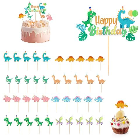 41PCS Set Dinosaur Birthday Cake Toppers, Dinosaur Muffin Decoration Toppers, Kids Cupcake Toppers, Can Be Used for Kids Birthdays, Themed Parties