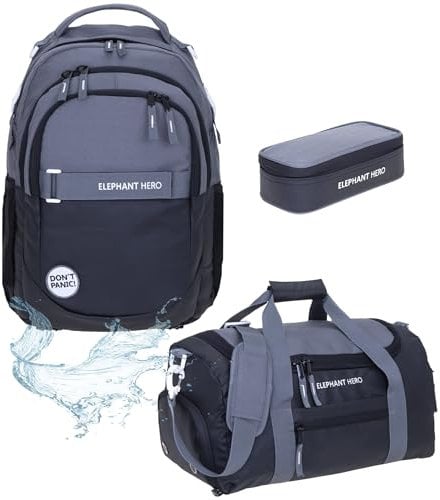 Elephant 3 Teile Set Schulrucksack Jungen Mädchen Signature Hero 2 Schultasche Laptopfach Rucksack + Sporttasche + Mäppchen Box (Color Block Schwarz Athrazit 13047)