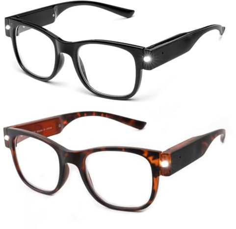 SKYWAY Lesebrille mit Licht, Wiederaufladbare Helle LED Beleuchtete Brille zum Lesen von Kleingedrucktem, Verschreibungspflichtigen Flaschen, Naharbeit (Schwarz/Schildpatt, 1.5)