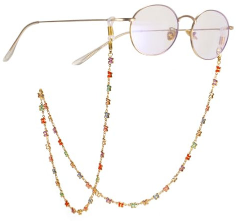 TEAMER Chaîne de lunettes de soleil papillon colorée avec perles de cristal - Tendance - Bracelet de lunettes de lecture - Pour homme et femme, Papillon coloré - Doré, 77cm