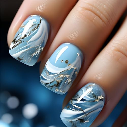 24 Stück Nägel zum Aufkleben Kurz Eckig, Blau Weiß Wellen French Press on Nails Full Cover Kunstnägel mit Nagelkleber Aufkleber, Acryl Fingernägel zum Aufkleben für Frauen & Mädchen Nail Art