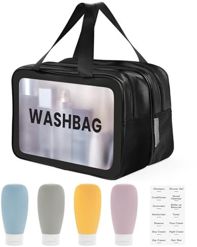 Shining She Kulturtasche Damen,Trocken-und Nasstrennung Tragbare Kulturbeutel Herren mit 4PCS Reiseflaschen Zum BefüLlen,Transparent wasserdichte PVC Waschtasche Herren(Schwarz, L)